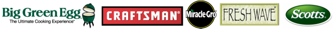 Big Green Egg logo, Craftsman logo, Miracle Gro logo, Freshwave logo, Scotts logo